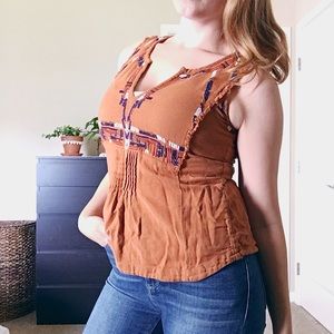 Pumpkin color embroidered linen tank w back detail
